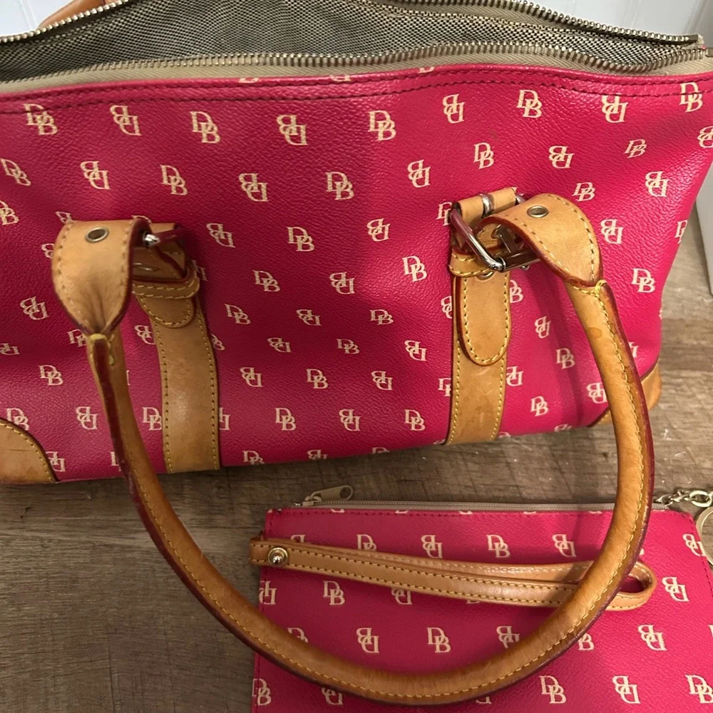 Dooney & Bourke Bright Pink Logo Tote with Tan Leather Trim - Picture 1 of 9